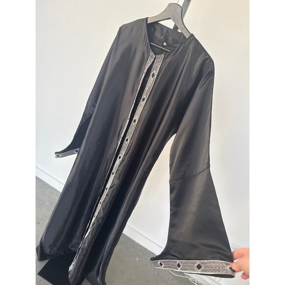 Women’s Black Kaftan Button Down Dress With Silver Embroidery Size 3 - Picture 6 of 12